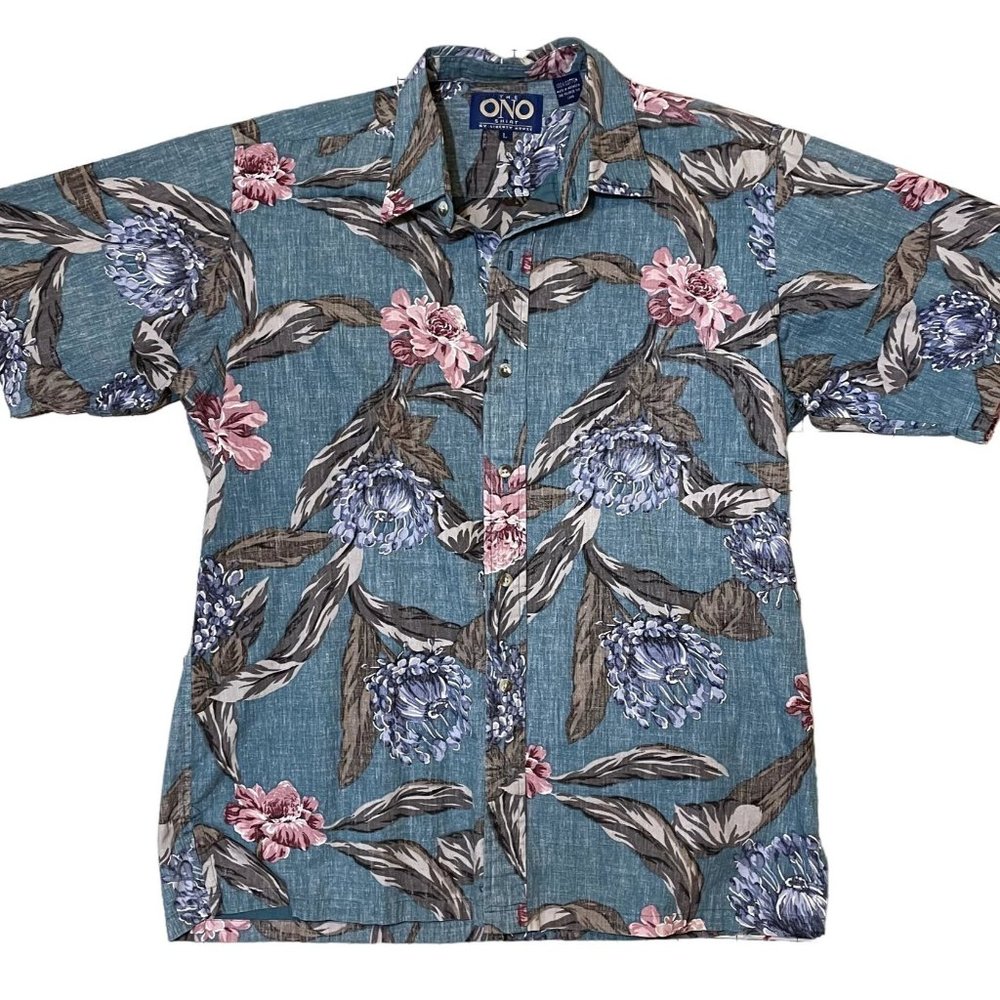 The Ono Shirt by Liberty House Blue Brown Floral Reverse Print Hawaiian Shirt L